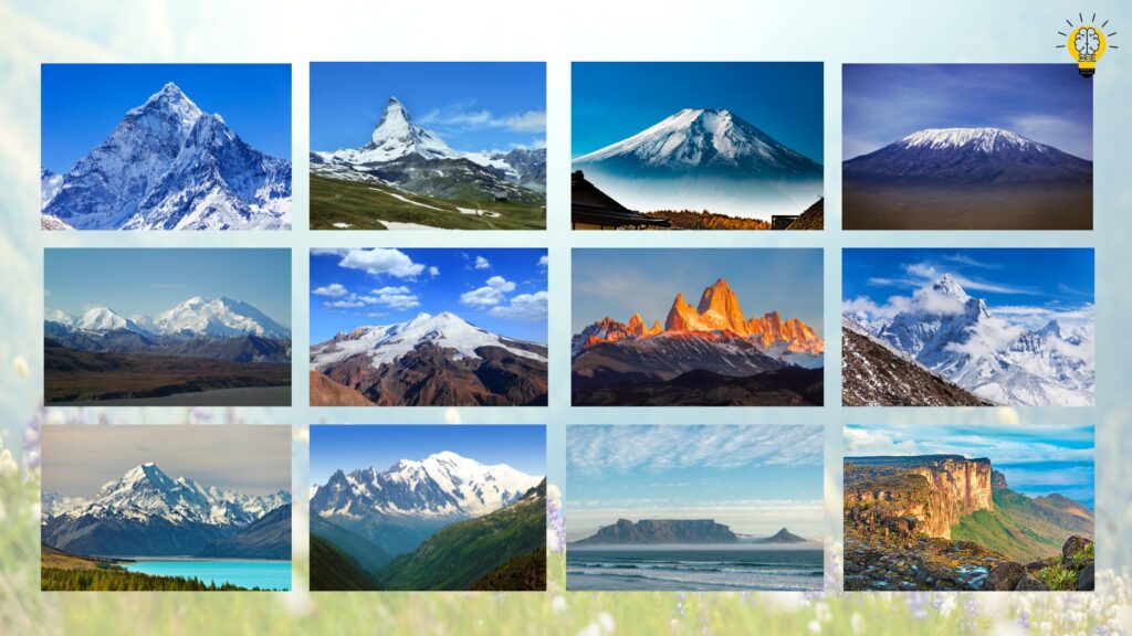 Comparison table of the top 12 most beautiful mountains worldwide, detailing each mountain’s location, height, unique features, and best time to visit. Includes famous peaks like Mount Everest, Matterhorn, Mount Fuji, Kilimanjaro, and Denali, showcasing their stunning landscapes, unique characteristics, and ideal visiting seasons.