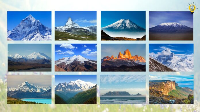 Comparison table of the top 12 most beautiful mountains worldwide, detailing each mountain’s location, height, unique features, and best time to visit. Includes famous peaks like Mount Everest, Matterhorn, Mount Fuji, Kilimanjaro, and Denali, showcasing their stunning landscapes, unique characteristics, and ideal visiting seasons.